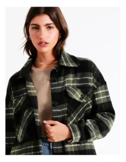 Longline Check Shacket In Khaki Multi -Myer Fashion Store 966478240 2 720x928