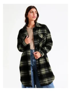 Longline Check Shacket In Khaki Multi -Myer Fashion Store 966478240 4 720x928
