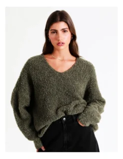 V-Neck Boucle Jumper In Khaki