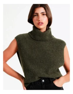 Funnel Neck Extended Shoulder Knit Vest In Khaki