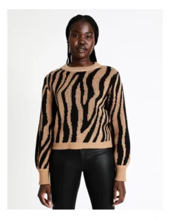Animal Jacquard Knit W/ Metallic Rib Neck In Assorted