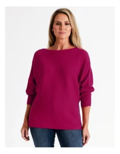 Regatta Sustainable Viscose Blend Horizontal Rib Boat Neck Jumper With 3/4 Sleeve In Hot Pink