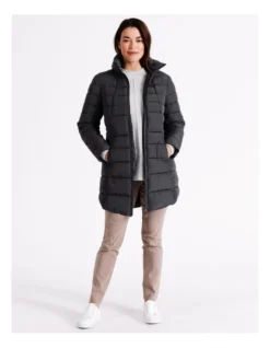 Regatta Recycled Polyester Long Line Straight Quilted Jacket With Fold Away Hood In Charcoal -Myer Fashion Store 967338010 7 720x928