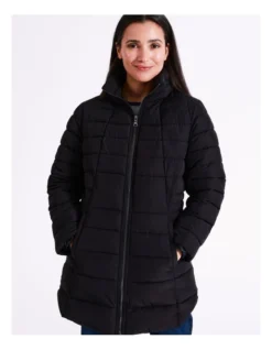 Regatta Recycled Polyester Long Line Straight Quilted Jacket With Fold Away Hood In Black -Myer Fashion Store 967338100 2 720x928