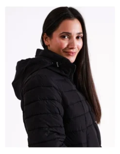 Regatta Recycled Polyester Long Line Straight Quilted Jacket With Fold Away Hood In Black -Myer Fashion Store 967338100 3 720x928