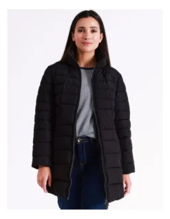 Regatta Recycled Polyester Long Line Straight Quilted Jacket With Fold Away Hood In Black -Myer Fashion Store 967338100 4 720x928