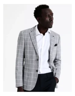 Slim Windowpane Linen Blend Blazer In Grey -Myer Fashion Store 967570300 2 720x928