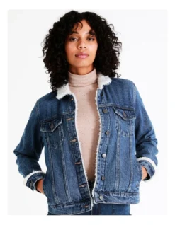 Recycled Blend Sherpa Trim Denim Jacket In Blue