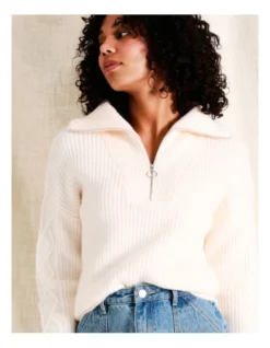 Recycled Blend Zip Neck Jumper In Cream -Myer Fashion Store 968104990 4 720x928