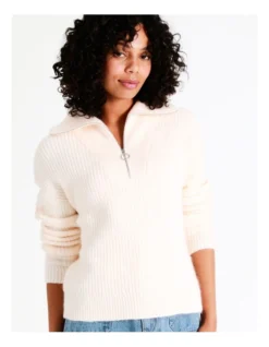 Recycled Blend Zip Neck Jumper In Cream -Myer Fashion Store 968104990 7 720x928
