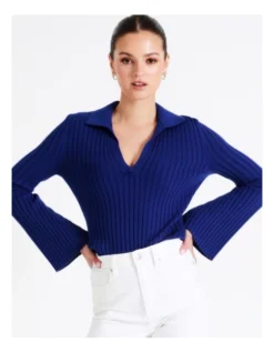 Flared Sleeve Rib Knit Polo In Cobalt