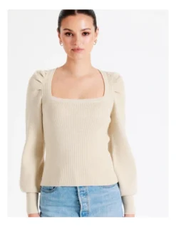 Square Neck Knit Top In Oatmeal
