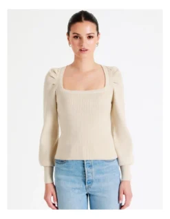 Square Neck Knit Top In Oatmeal -Myer Fashion Store 968417560 4 720x928
