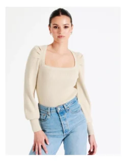 Square Neck Knit Top In Oatmeal -Myer Fashion Store 968417560 5 720x928