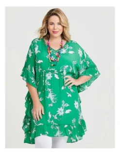 Natural Gardenia Ruffle Tunic In Green Multi