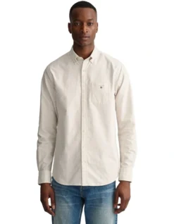 Gant Oxford Stripe Banker Long Sleeve Shirt In Beige
