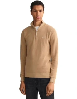 Gant Cotton Pique Half Zip Knit Dark Khaki