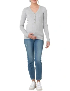 Zoe Button Up Nursing Knit In Silver Marle