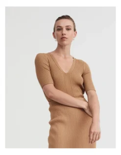 Rib V Neck Short Sleeve Knit In Camel