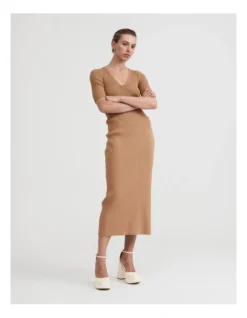 Rib V Neck Short Sleeve Knit In Camel -Myer Fashion Store 981765550 3 720x928
