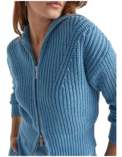 Zip Through Funnel Neck Cardigan In Blue -Myer Fashion Store 984288070 3 720x928