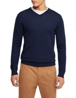 Oxford V-Neck Pure Merino Wool Pullover In Blue