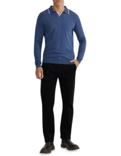 Oxford Reiss Tipping Collar Long Sleeve Knit Polo In Blue