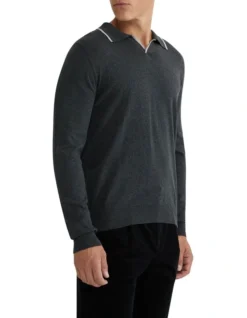 Oxford Reiss Tipping Collar Long Sleeve Knit Polo In Charcoal -Myer Fashion Store 986201470 2 720x928