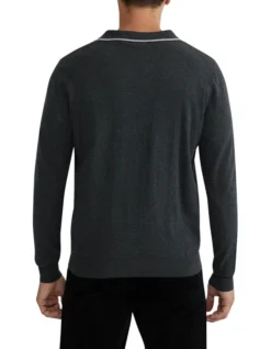 Oxford Reiss Tipping Collar Long Sleeve Knit Polo In Charcoal -Myer Fashion Store 986201470 3 720x928