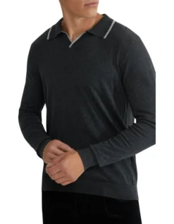 Oxford Reiss Tipping Collar Long Sleeve Knit Polo In Charcoal -Myer Fashion Store 986201470 4 720x928