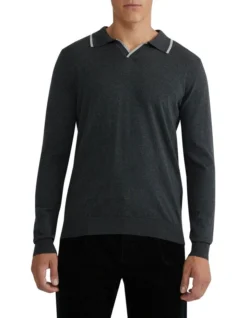 Oxford Reiss Tipping Collar Long Sleeve Knit Polo In Charcoal -Myer Fashion Store 986201470 5 720x928