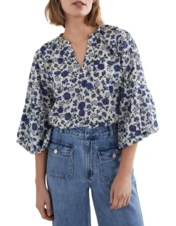 French Connection Floral Gathered V Neck Shirt In Blue Multi