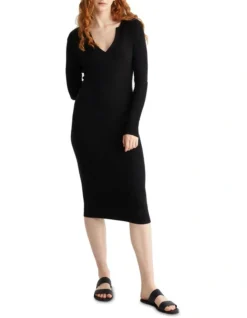 Calvin Klein Rib Open Neck Dress In Black