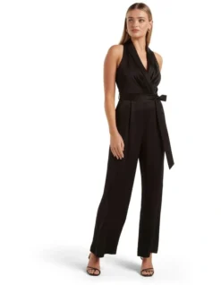 Forever New Marbella Satin Tux Jumpsuit In Black
