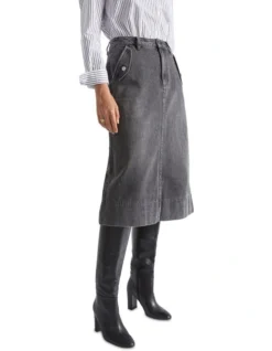 Denim Midi Skirt In Grey