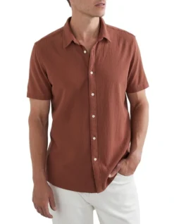 French Connection Textured Cotton Classic Fit Shirt In Brown