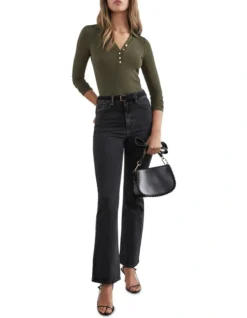 French Connection Collared V Neck Rib Top In Green -Myer Fashion Store 990520480 990510670 2 720x928