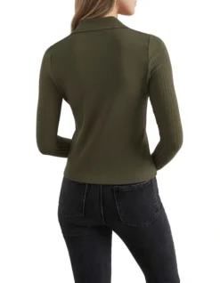 French Connection Collared V Neck Rib Top In Green -Myer Fashion Store 990520480 990510670 3 720x928