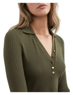 French Connection Collared V Neck Rib Top In Green -Myer Fashion Store 990520480 990510670 4 720x928