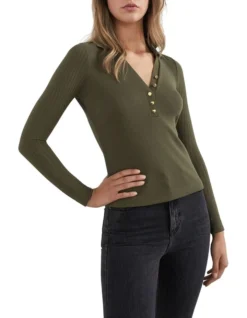 French Connection Collared V Neck Rib Top In Green -Myer Fashion Store 990520480 990510670 5 720x928