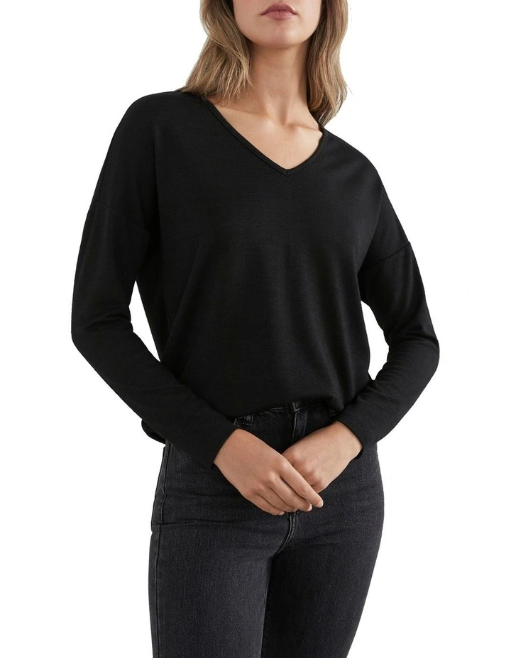 French Connection Soft V Neck Long Sleeve T Shirt In Black 3 French Connection Soft V Neck Long Sleeve T Shirt In Black
