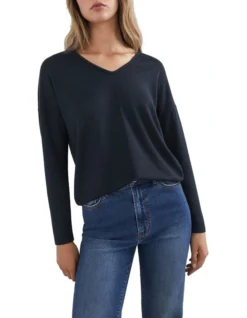 French Connection Soft V Neck Long Sleeve T Shirt In Blue