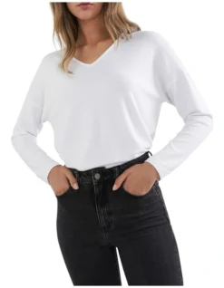 French Connection Soft V Neck Long Sleeve T Shirt In White
