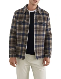 French Connection Check Sherpa Jacket In Blue