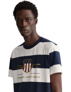 Gant Bar Stripe Archive Shield T-Shirt In Beige/Navy -Myer Fashion Store 992476810 3 720x928