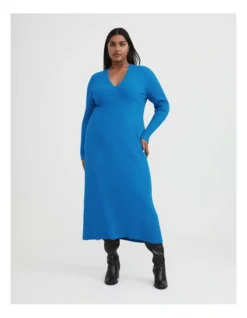 Crepe V Neck Knit Dress In Sorrento Blue