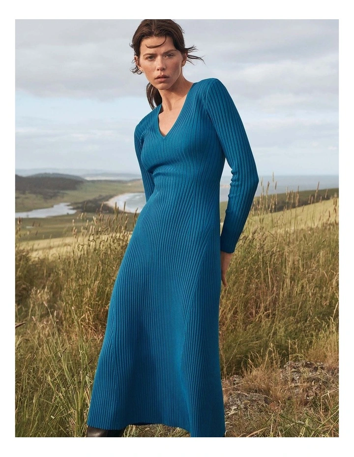 Crepe V Neck Knit Dress In Sorrento Blue 7 Crepe V Neck Knit Dress In Sorrento Blue - Image 5