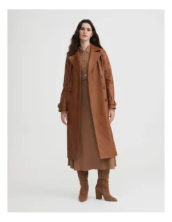 Leather Double Breasted Coat In Chestnut
