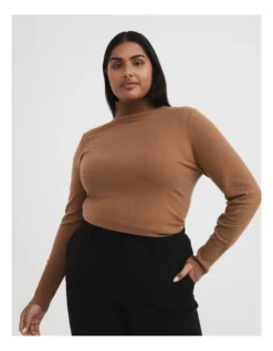 Wool Blend High Neck Knit In Camel