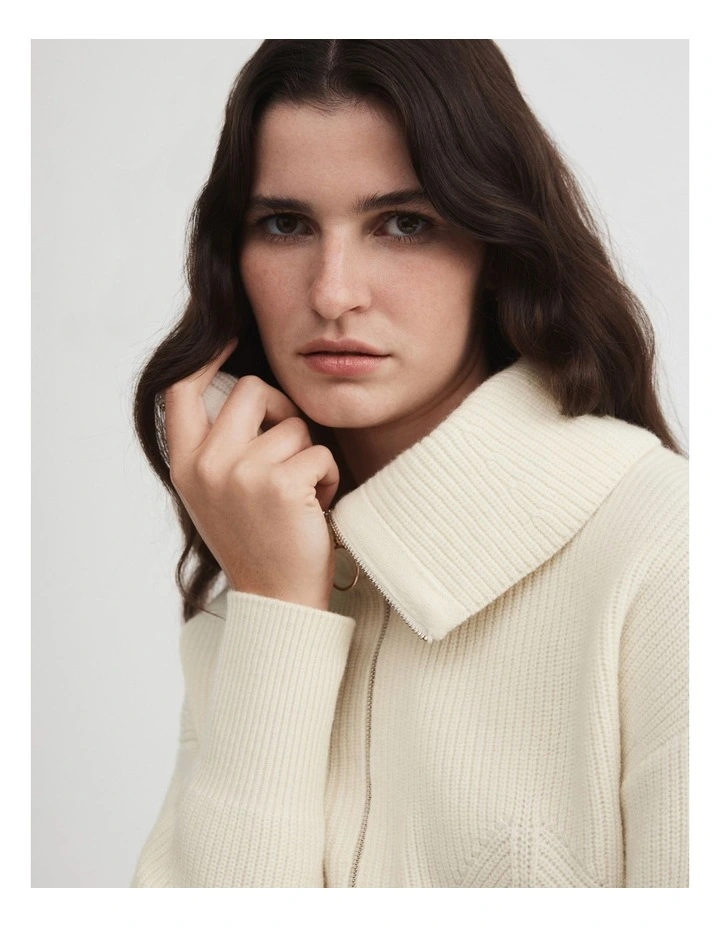 Merino Zip Through Knit In Cream 3 Merino Zip Through Knit In Cream